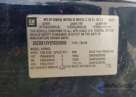 2007 Chevrolet Silverado 1500 Ltz from USA, damaged, VIN 3GCEK13Y07G525895